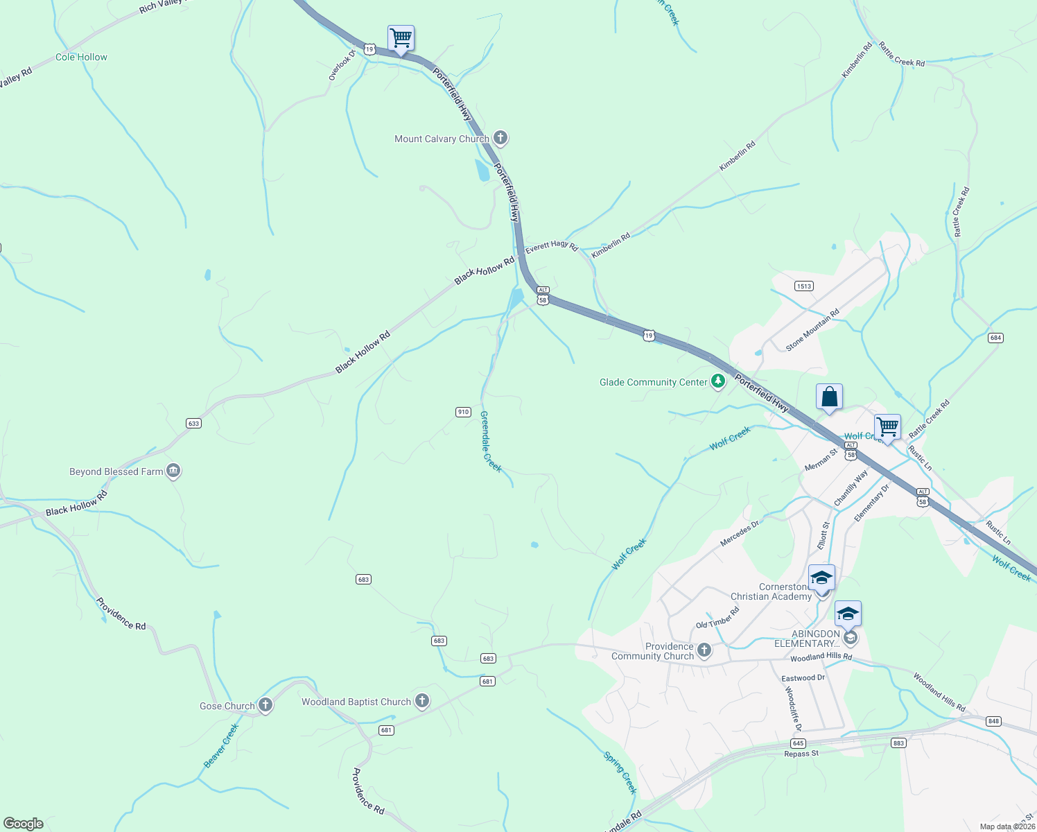 map of restaurants, bars, coffee shops, grocery stores, and more near 15324 Sun Valley Drive in Abingdon