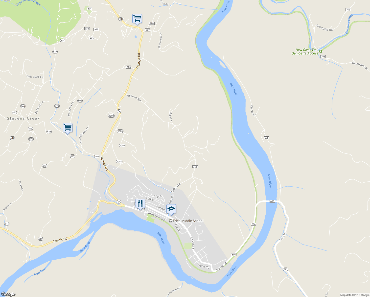 map of restaurants, bars, coffee shops, grocery stores, and more near Hilltown Road in Fries