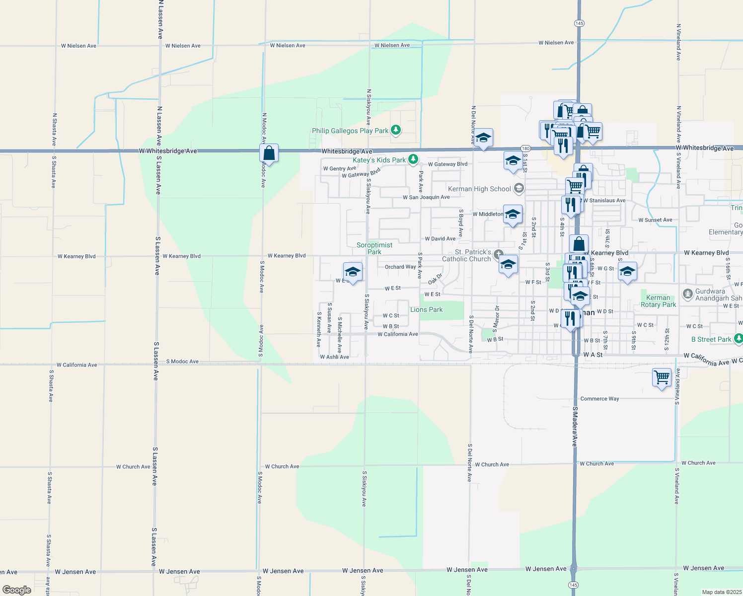 map of restaurants, bars, coffee shops, grocery stores, and more near 721 South Lum Avenue in Kerman