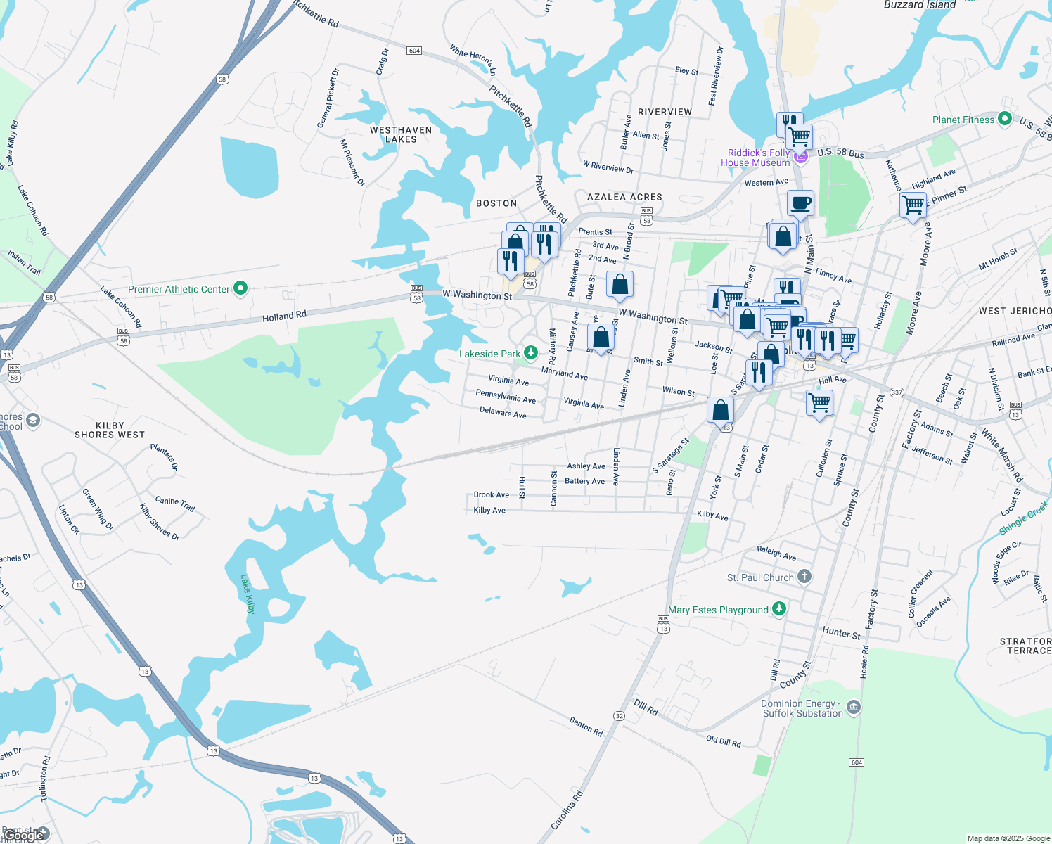 map of restaurants, bars, coffee shops, grocery stores, and more near 915 Delaware Avenue in Suffolk