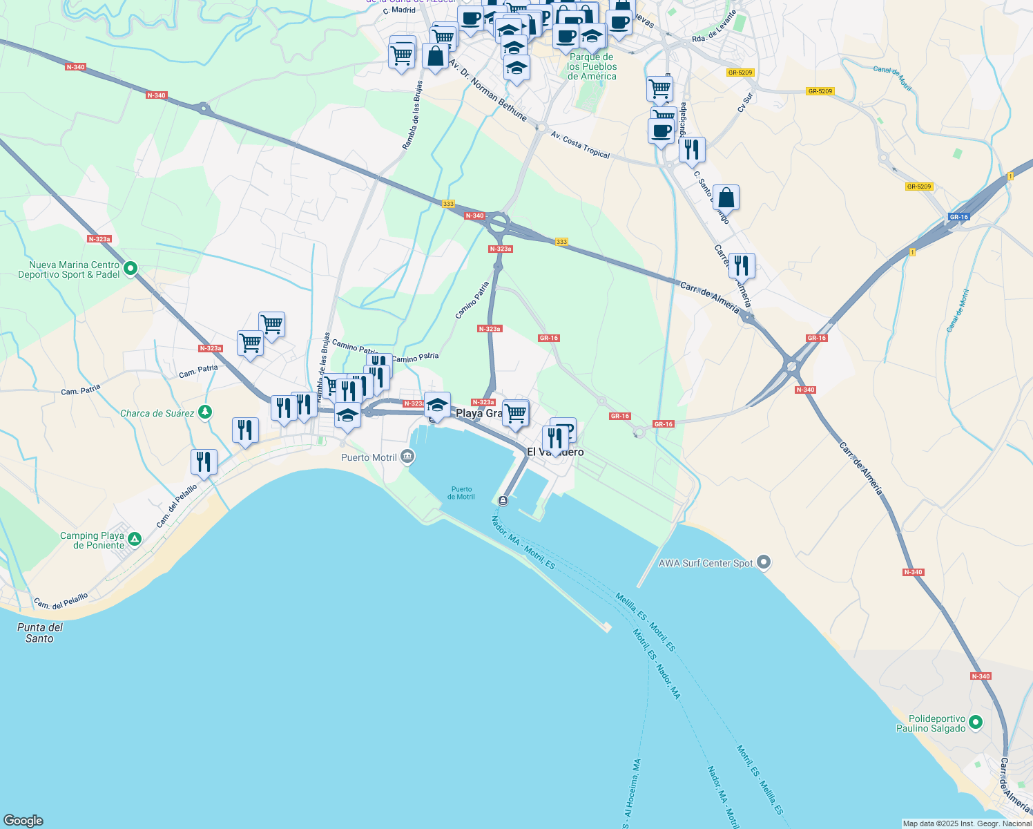 map of restaurants, bars, coffee shops, grocery stores, and more near 30 Calle Carrera del Mar in Motril