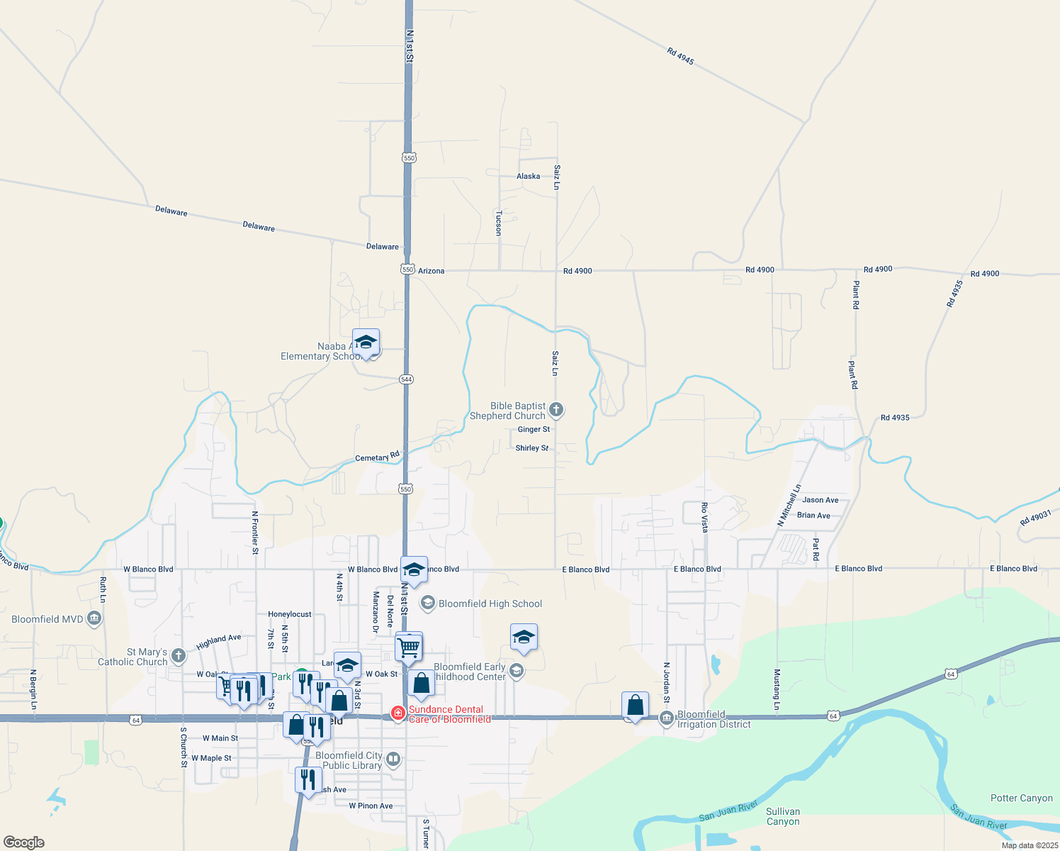 map of restaurants, bars, coffee shops, grocery stores, and more near 513 Ginger Street in Bloomfield