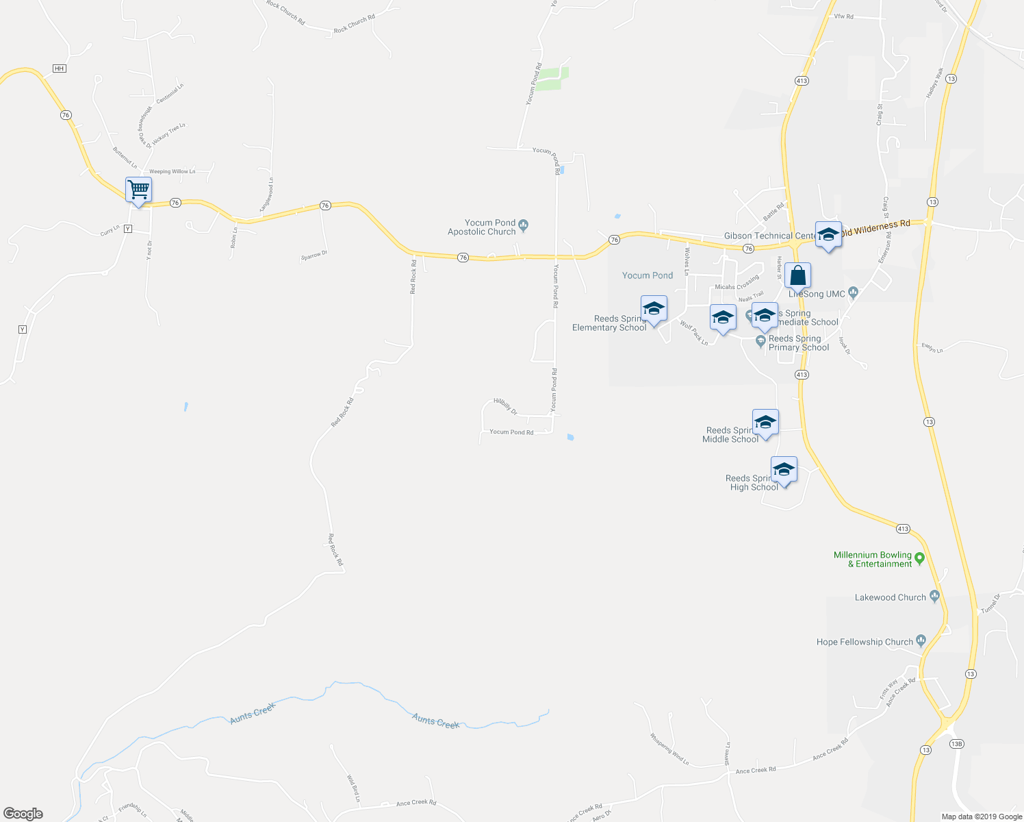 map of restaurants, bars, coffee shops, grocery stores, and more near 298 Hillbilly Drive in Reeds Spring