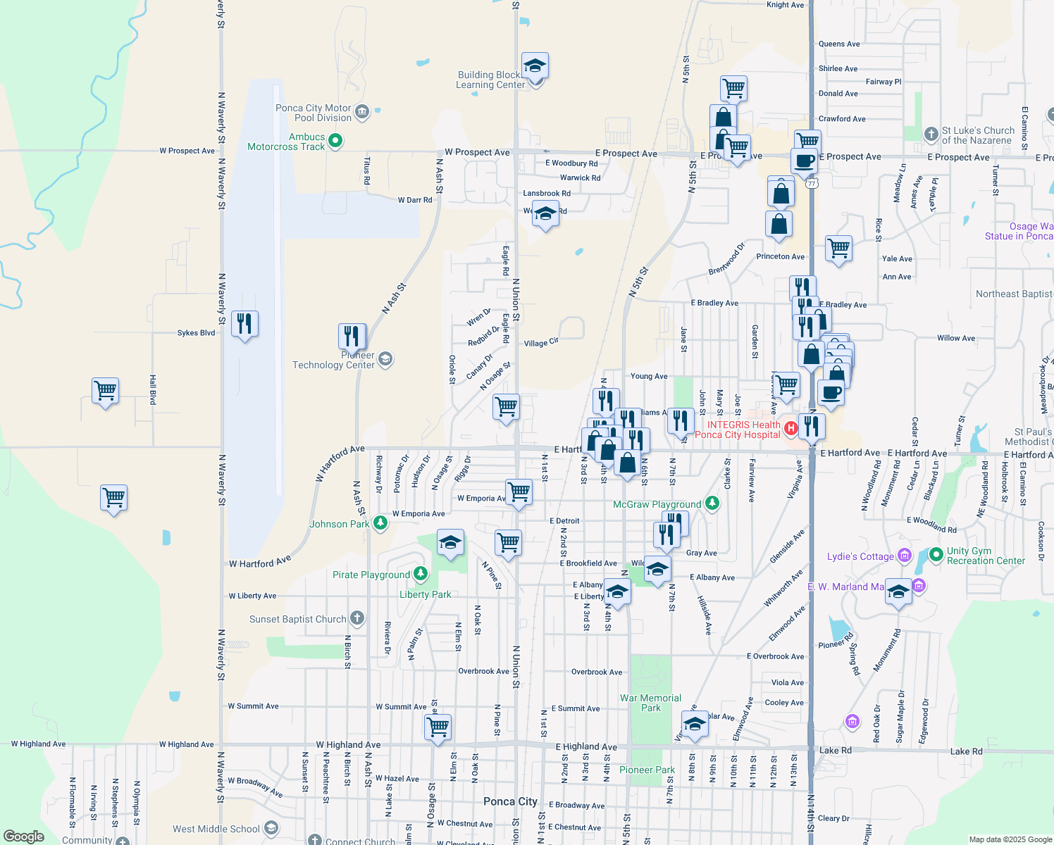 map of restaurants, bars, coffee shops, grocery stores, and more near 2101 North Union Street in Ponca City