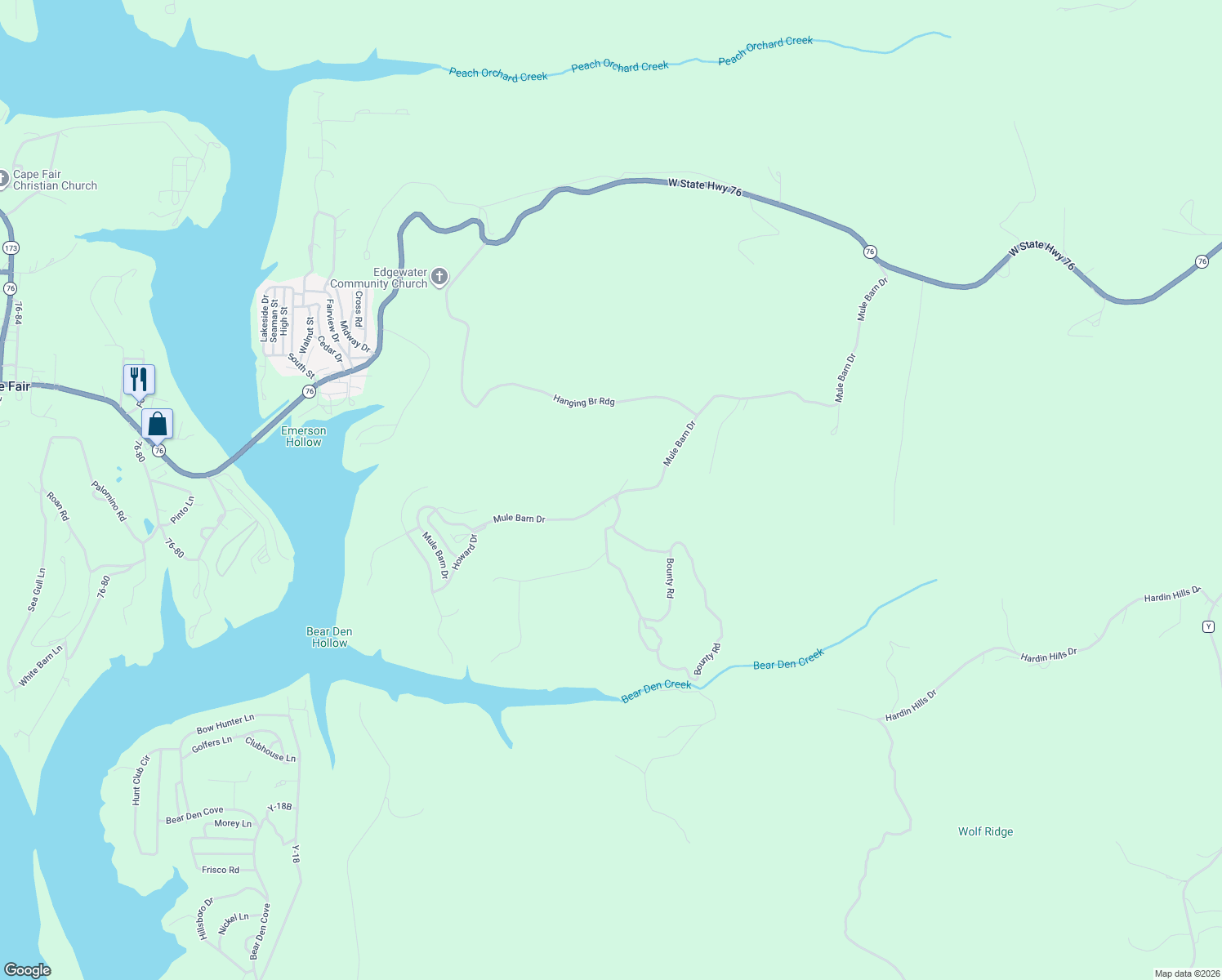 map of restaurants, bars, coffee shops, grocery stores, and more near 1253 Mule Barn Drive in Cape Fair
