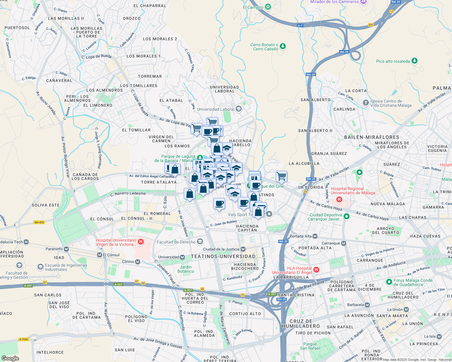 map of restaurants, bars, coffee shops, grocery stores, and more near 15 Calle Juan de Rihuerga in Málaga