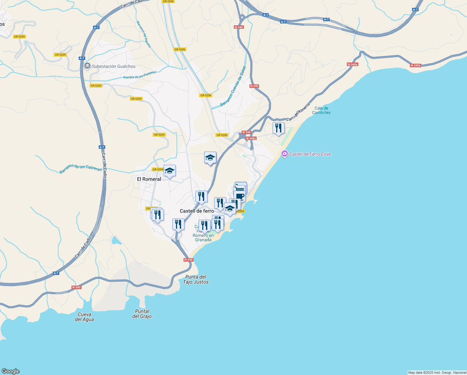 map of restaurants, bars, coffee shops, grocery stores, and more near 7A Calle Delfin in Castell de Ferro