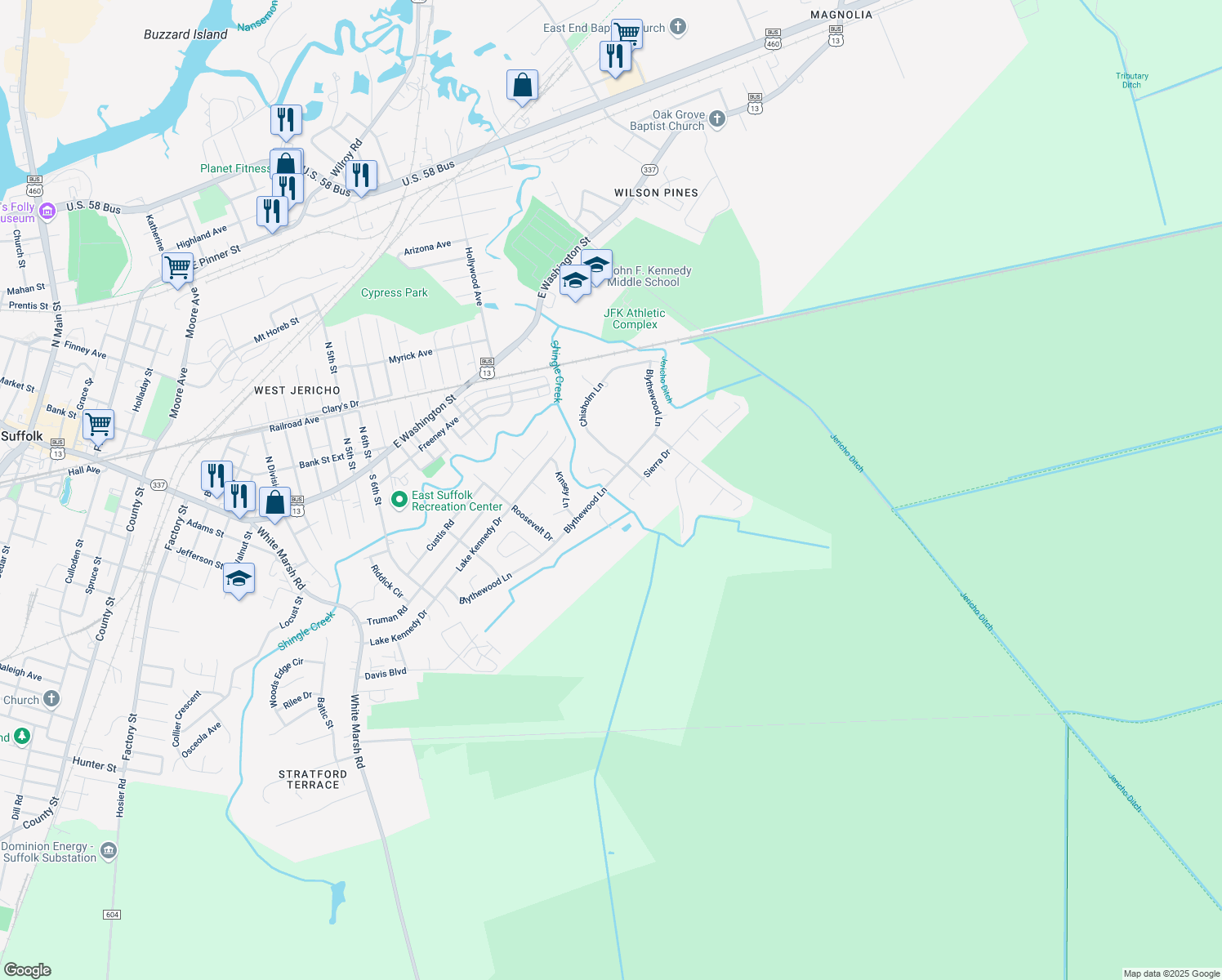 map of restaurants, bars, coffee shops, grocery stores, and more near 1229 Blythewood Lane in Suffolk