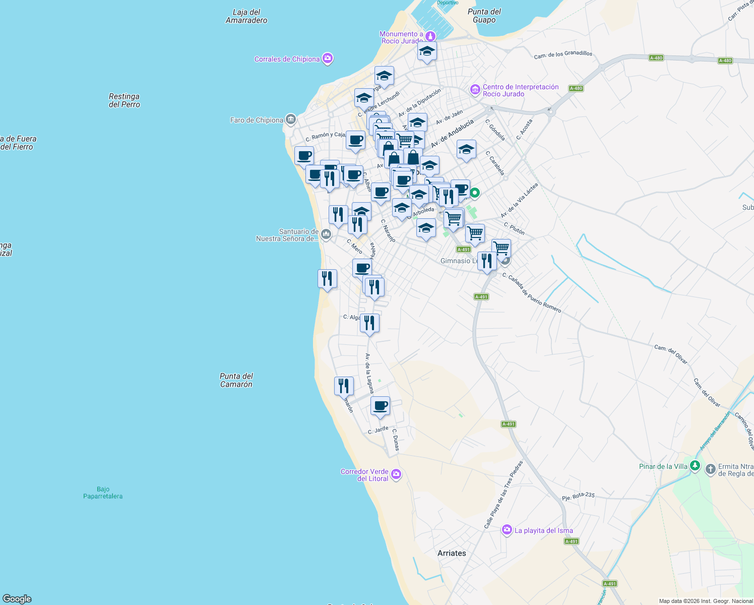 map of restaurants, bars, coffee shops, grocery stores, and more near 1 Avenida de la Laguna in Chipiona