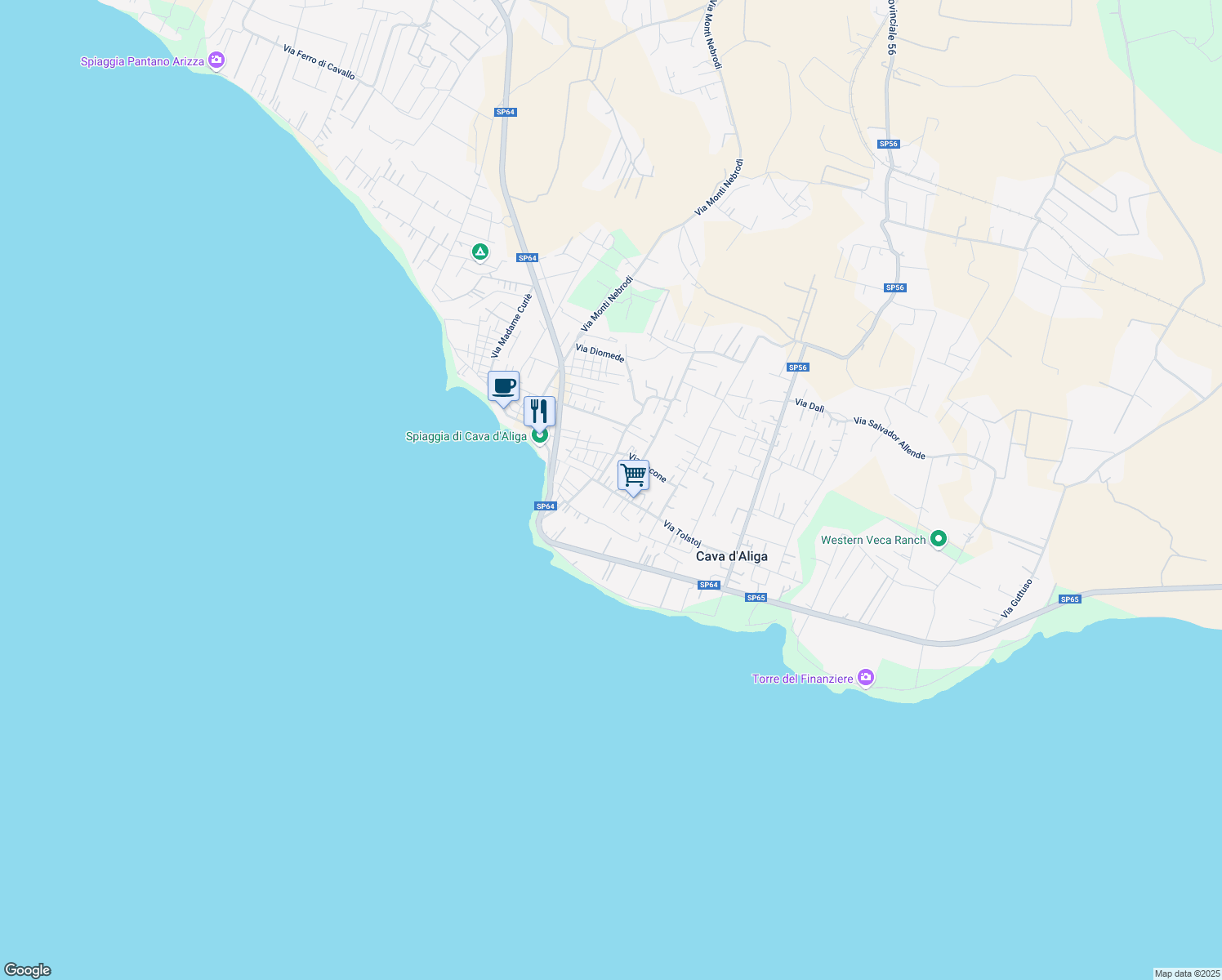 map of restaurants, bars, coffee shops, grocery stores, and more near 161 Via Tolstoj in Cava D'aliga