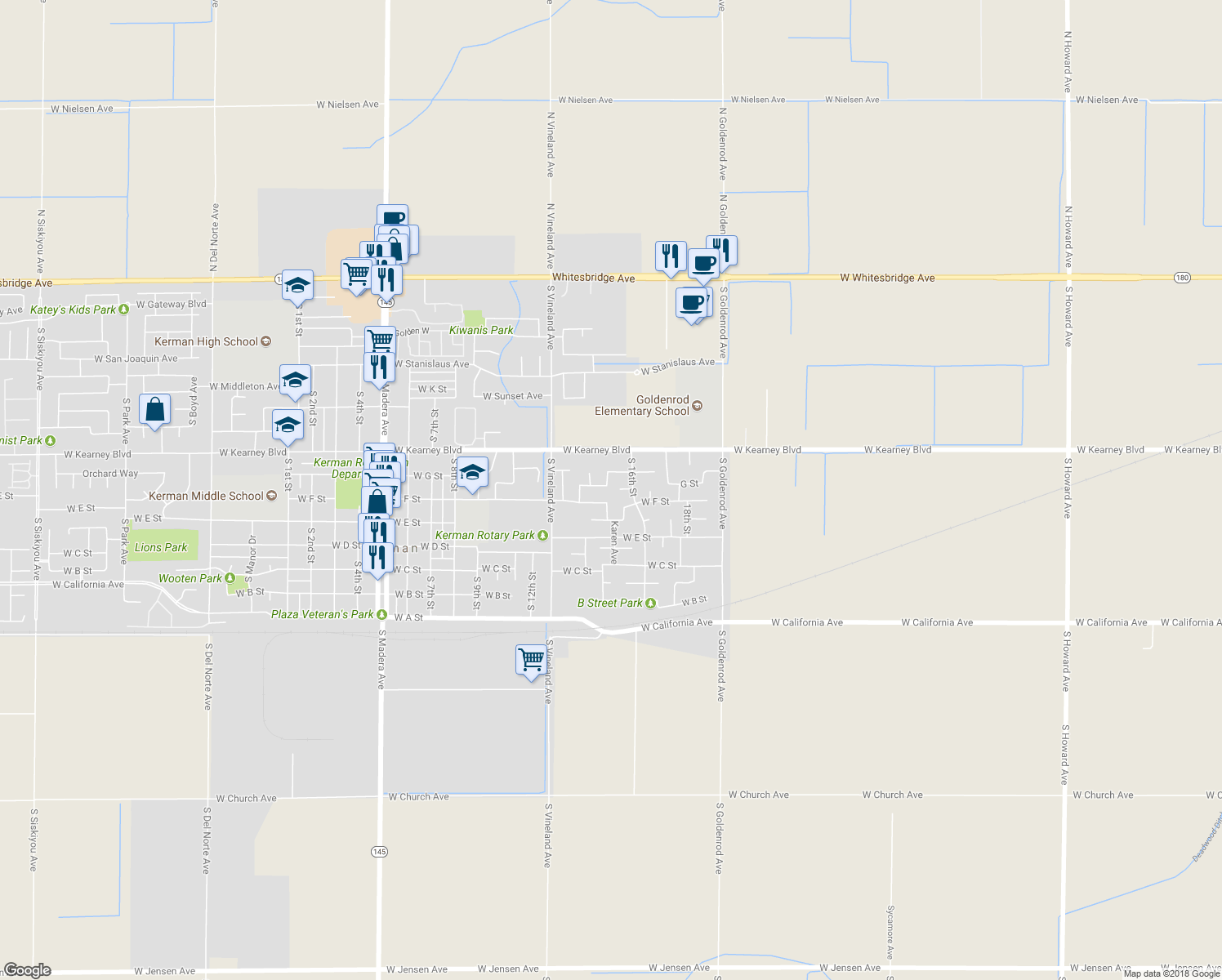 map of restaurants, bars, coffee shops, grocery stores, and more near 14325 West Palm Avenue in Kerman