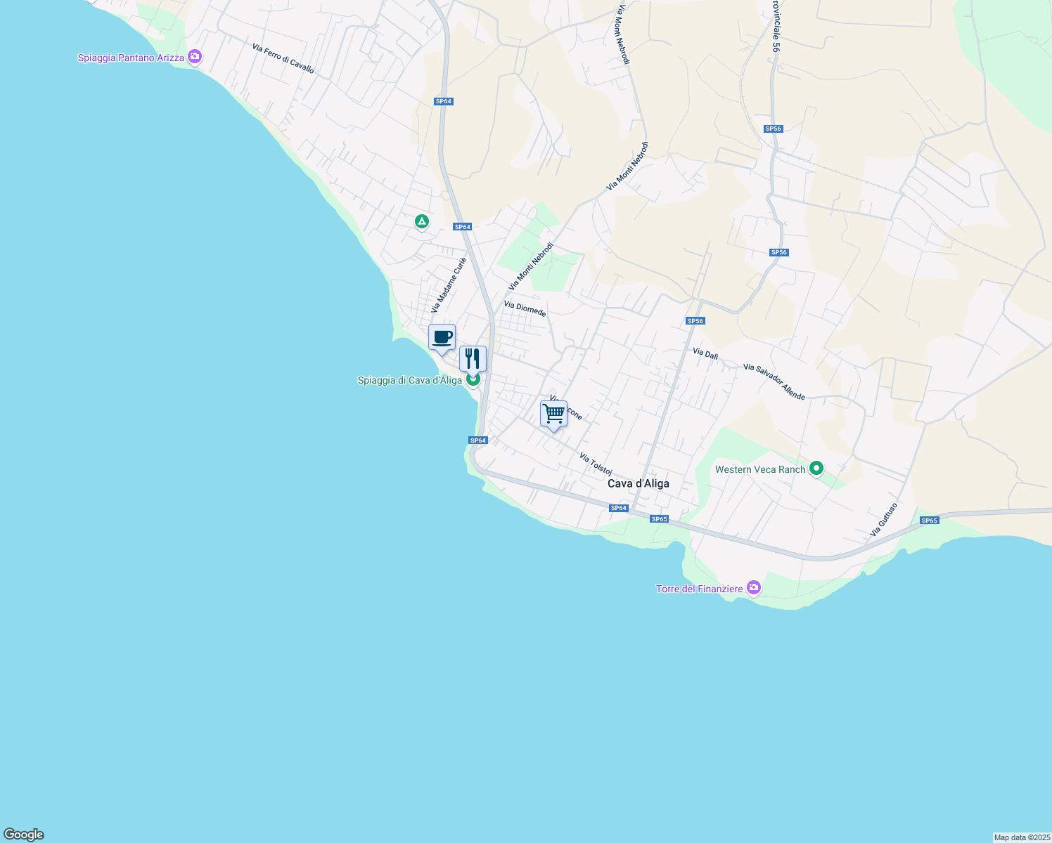 map of restaurants, bars, coffee shops, grocery stores, and more near 161 Via Tolstoj in Cava D'aliga