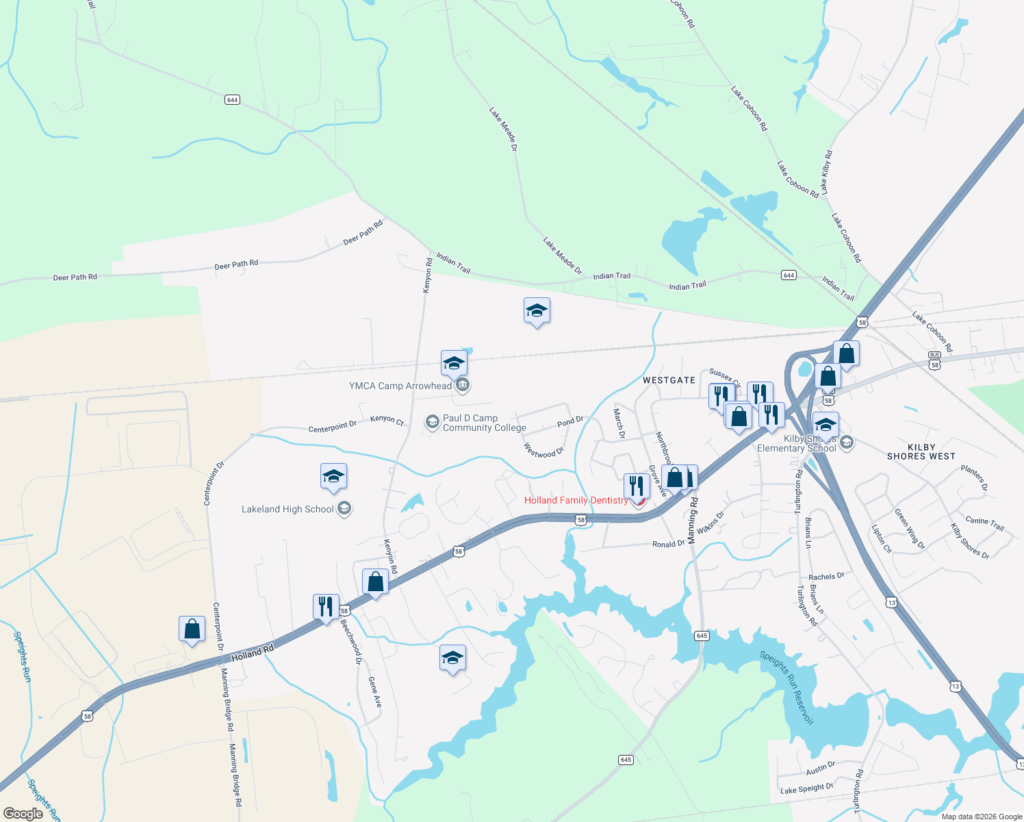 map of restaurants, bars, coffee shops, grocery stores, and more near 400 Sherwood Drive in Suffolk