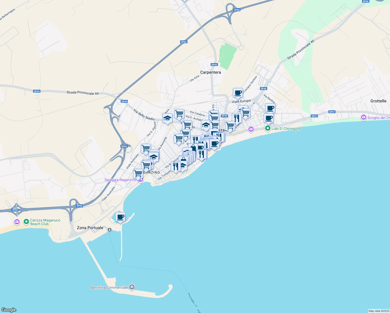 map of restaurants, bars, coffee shops, grocery stores, and more near 51 Via Archimede in Pozzallo