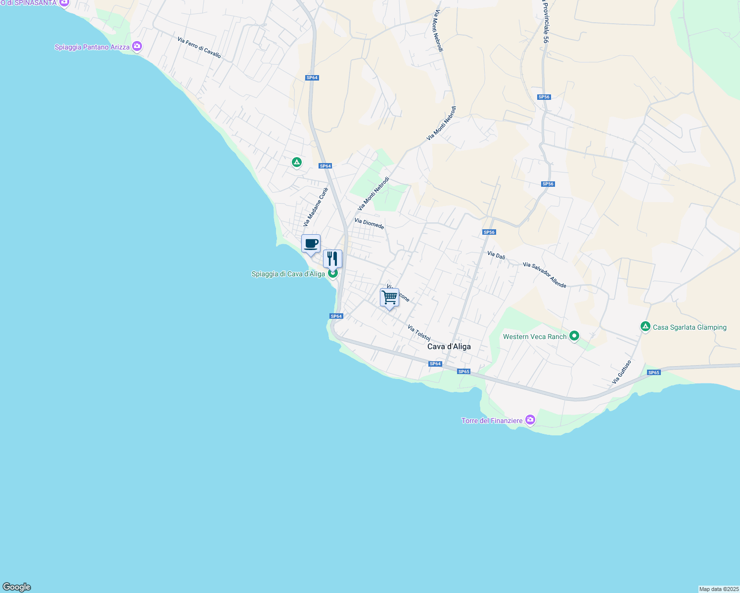 map of restaurants, bars, coffee shops, grocery stores, and more near 161 Via Tolstoj in Cava D'aliga