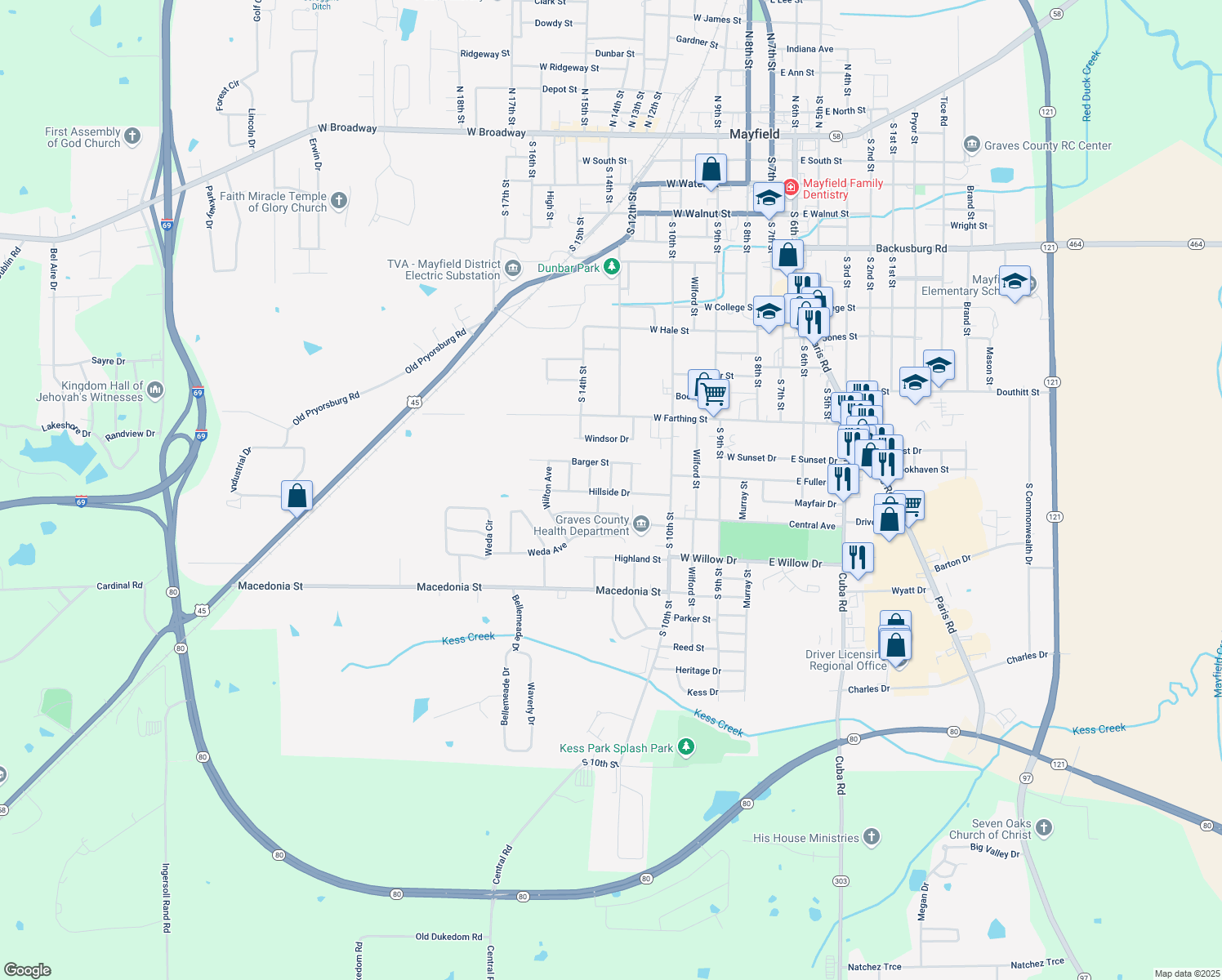 map of restaurants, bars, coffee shops, grocery stores, and more near 1110 Brooks St in Mayfield