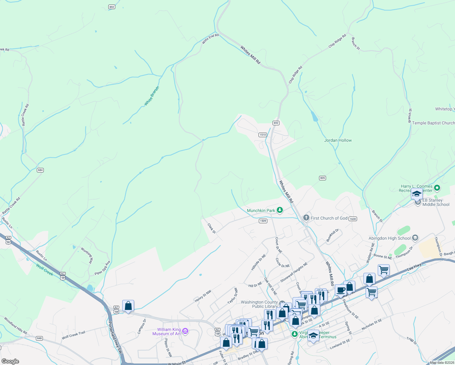 map of restaurants, bars, coffee shops, grocery stores, and more near 20060 Colonade Drive in Abingdon