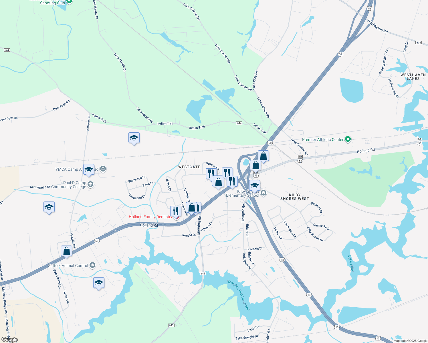 map of restaurants, bars, coffee shops, grocery stores, and more near 319 Northbrooke Avenue in Suffolk