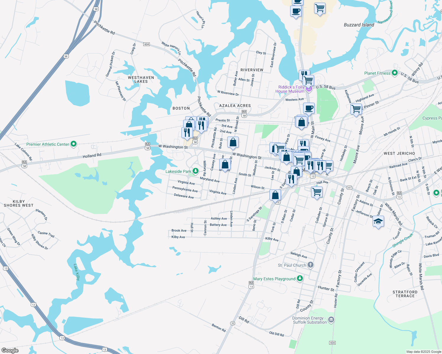 map of restaurants, bars, coffee shops, grocery stores, and more near 208 Bosley Avenue in Suffolk