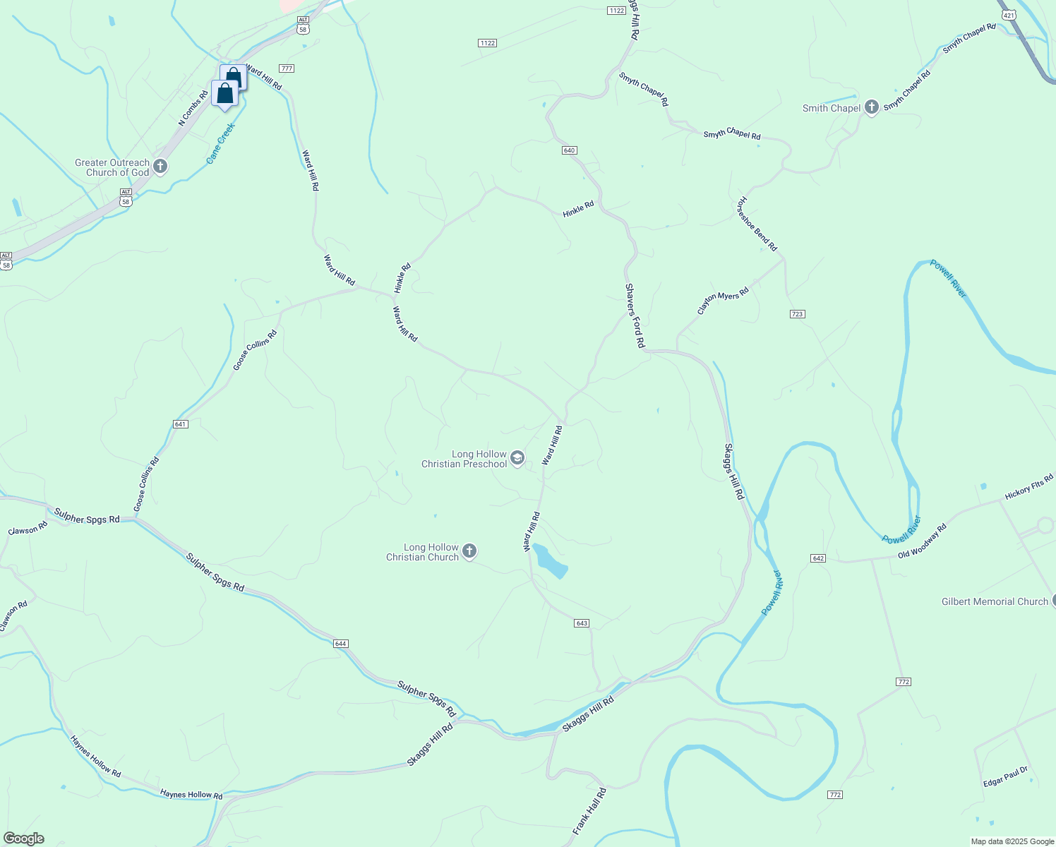 map of restaurants, bars, coffee shops, grocery stores, and more near 2122 Ward Hill Road in Pennington Gap