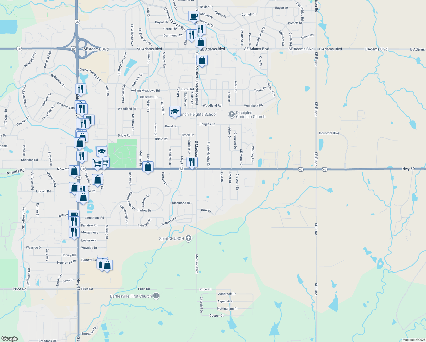 map of restaurants, bars, coffee shops, grocery stores, and more near 1752 Orchard Lane in Bartlesville