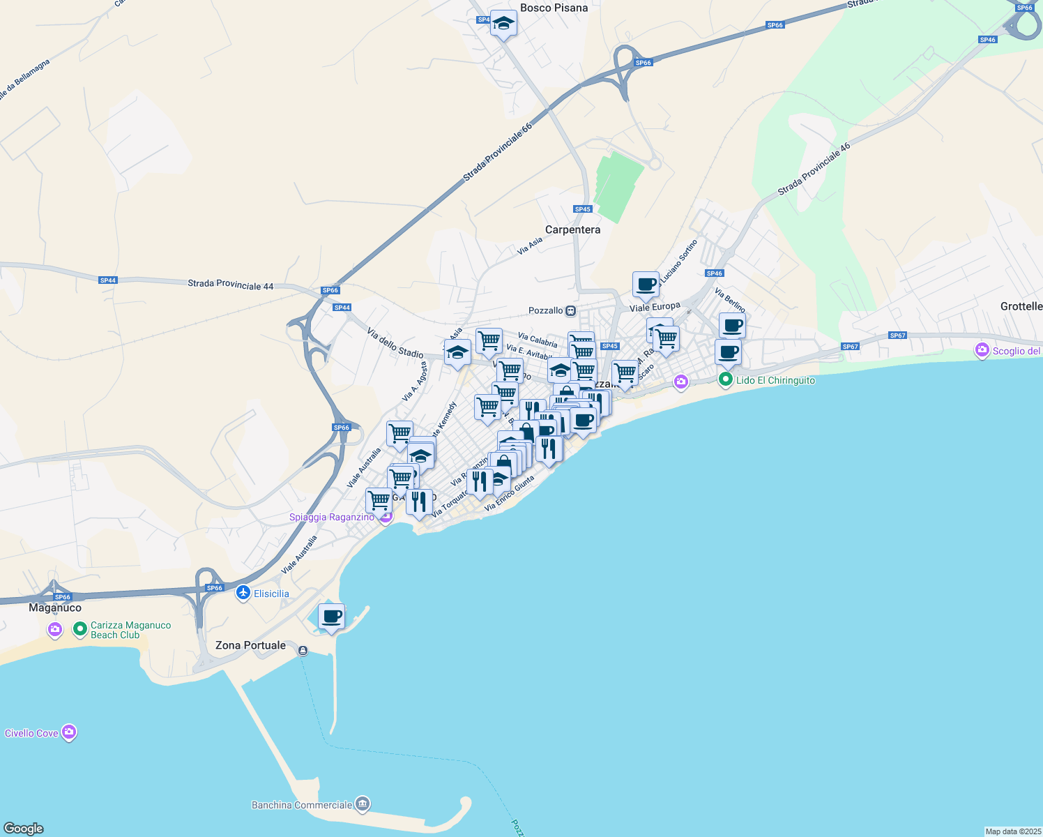 map of restaurants, bars, coffee shops, grocery stores, and more near 301 Via Nino Bixio in Pozzallo