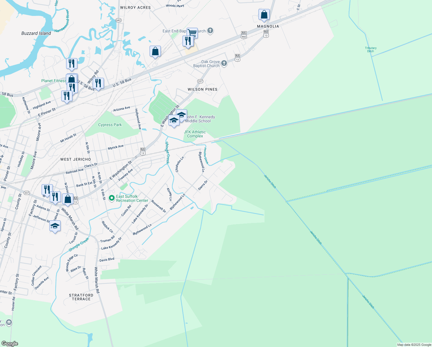map of restaurants, bars, coffee shops, grocery stores, and more near 1409 Sierra Drive in Suffolk