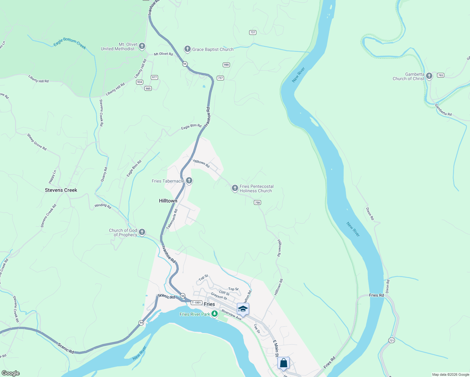 map of restaurants, bars, coffee shops, grocery stores, and more near Hilltown Road in Fries