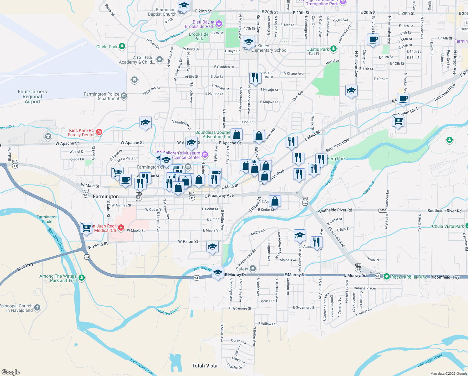 map of restaurants, bars, coffee shops, grocery stores, and more near 423 East Main Street in Farmington