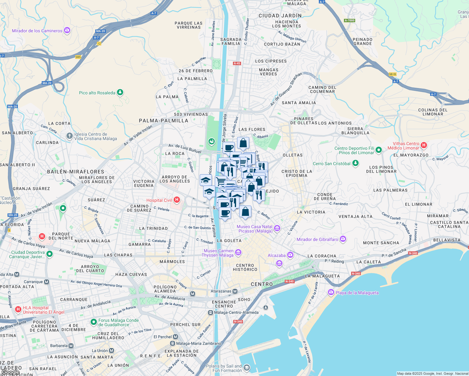 map of restaurants, bars, coffee shops, grocery stores, and more near 6 Calle Rueda in Málaga