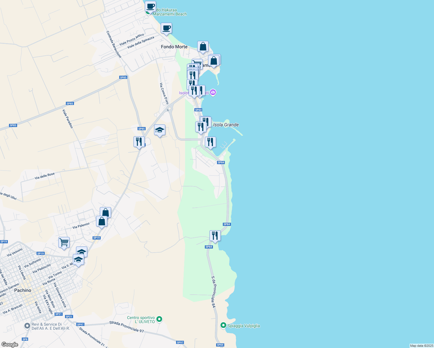 map of restaurants, bars, coffee shops, grocery stores, and more near in Marzamemi