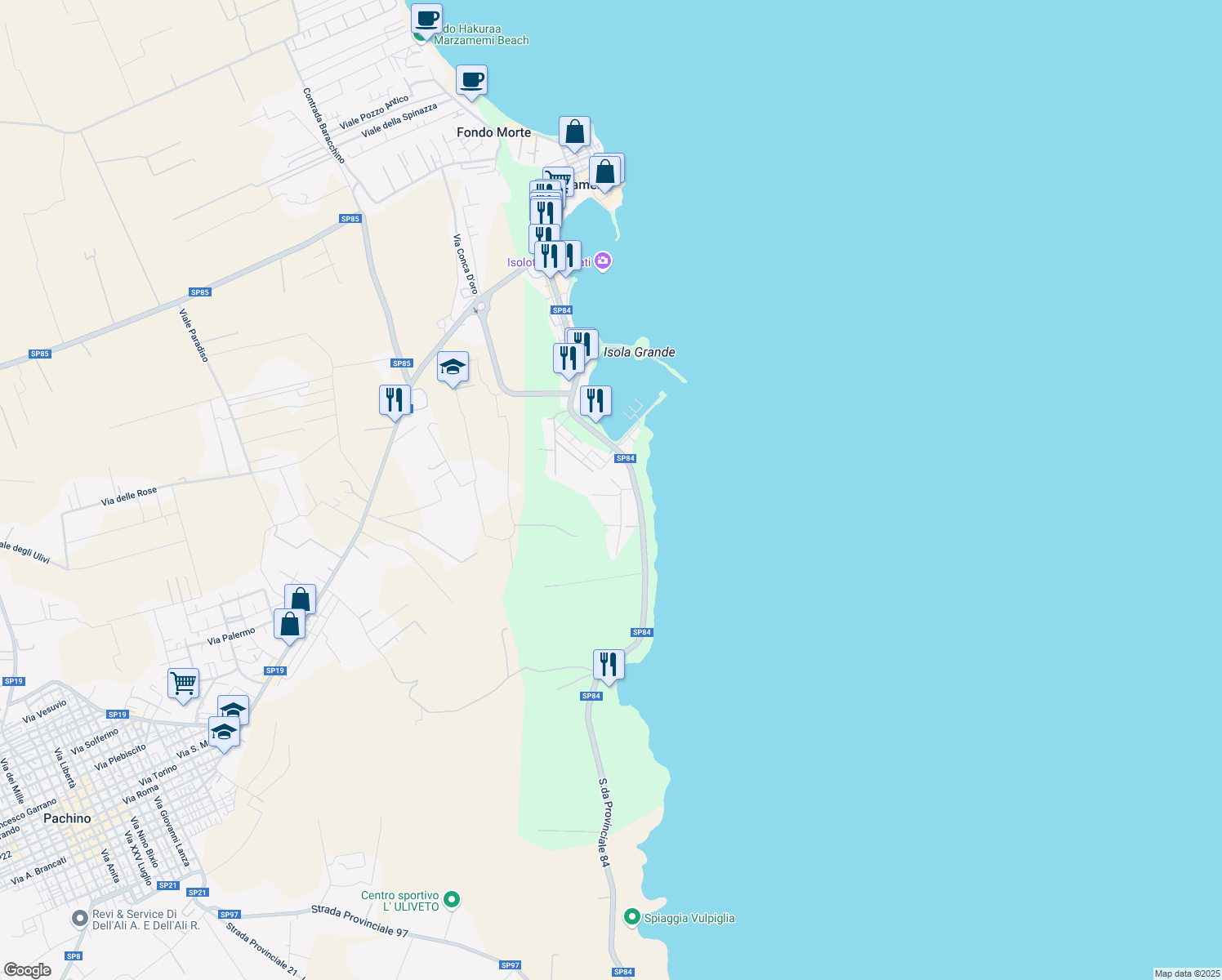 map of restaurants, bars, coffee shops, grocery stores, and more near in Marzamemi