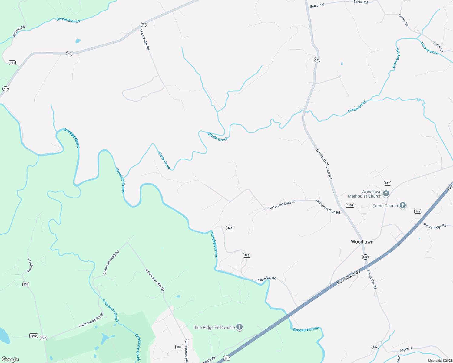 map of restaurants, bars, coffee shops, grocery stores, and more near 421-493 Honeycutt Dam Road in Woodlawn