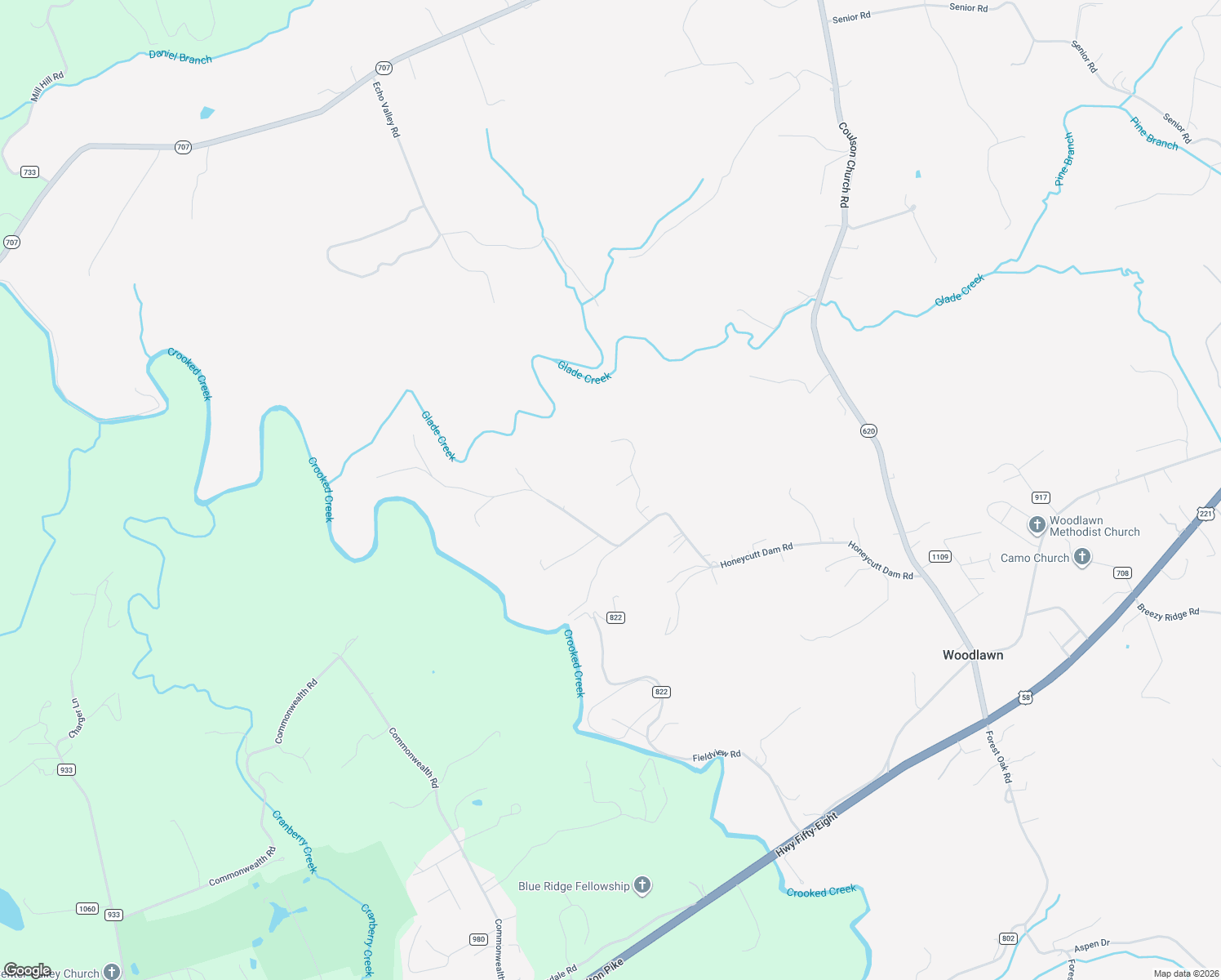 map of restaurants, bars, coffee shops, grocery stores, and more near 421-493 Honeycutt Dam Road in Woodlawn