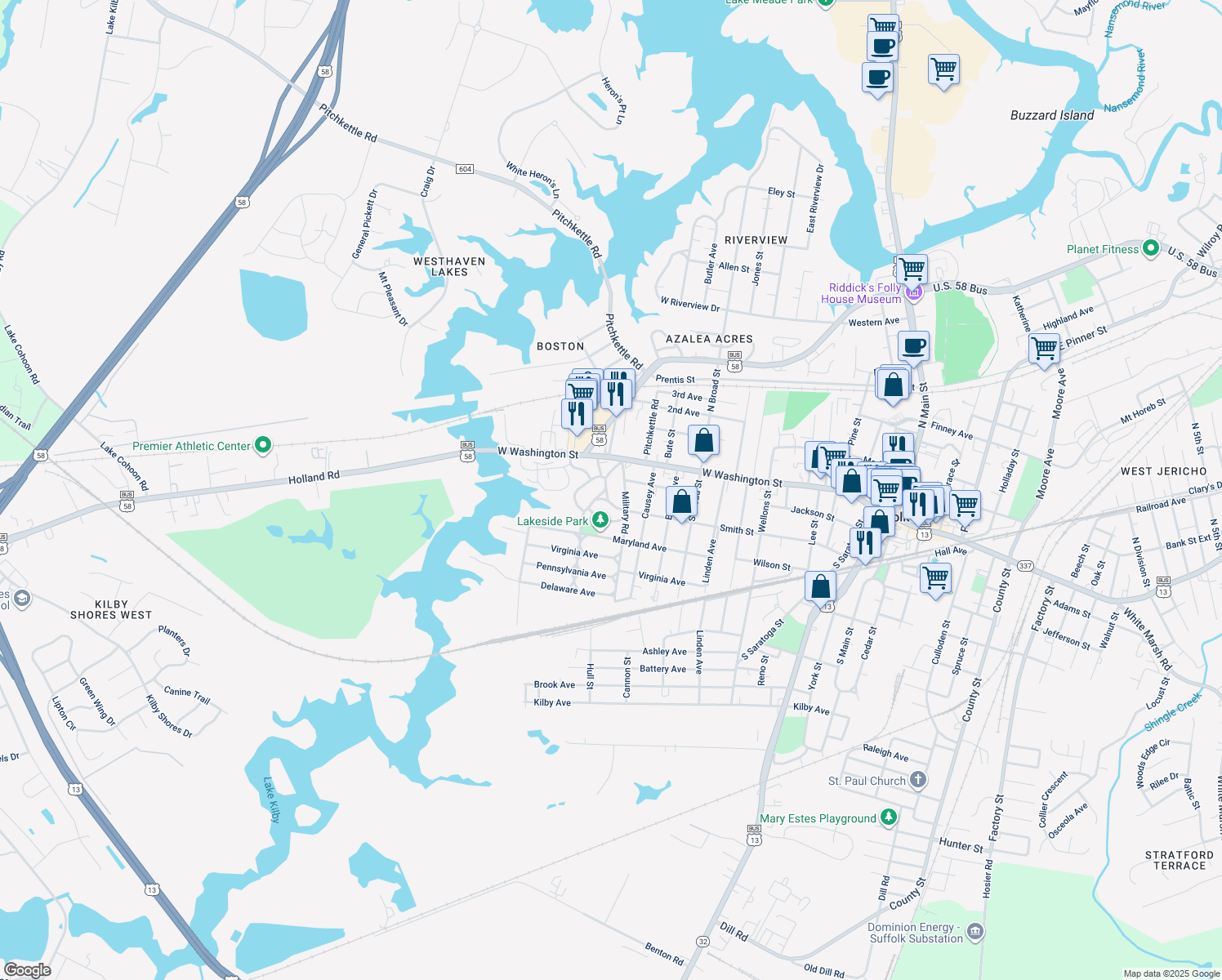 map of restaurants, bars, coffee shops, grocery stores, and more near 122 Park Road in Suffolk