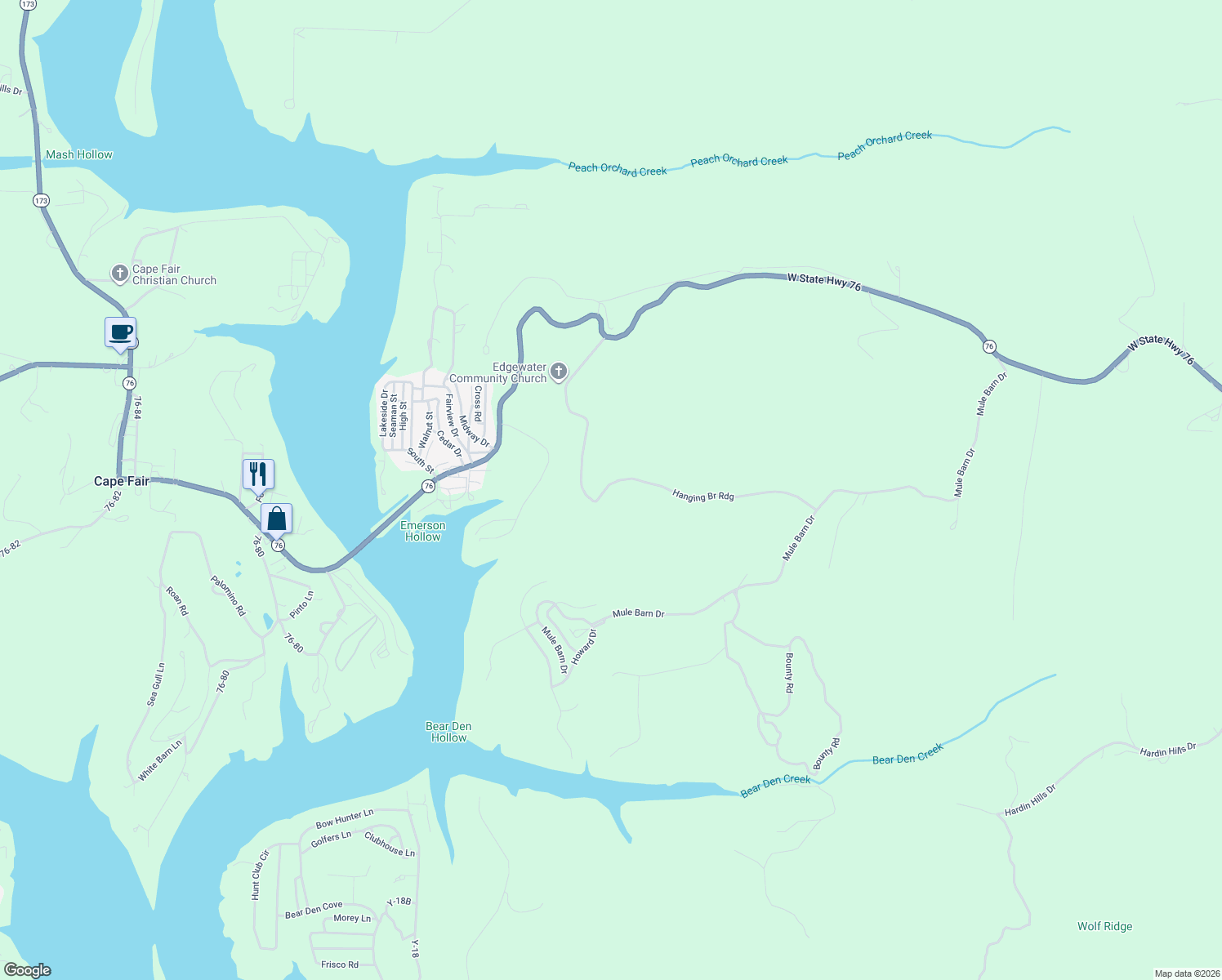 map of restaurants, bars, coffee shops, grocery stores, and more near 644 Hanging Branch Ridge in Cape Fair