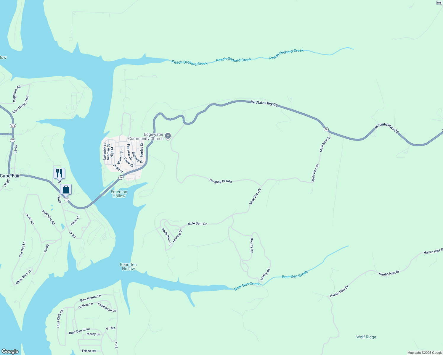 map of restaurants, bars, coffee shops, grocery stores, and more near 644 Hanging Branch Ridge in Cape Fair