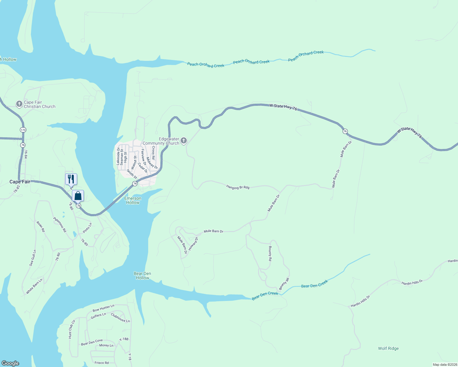map of restaurants, bars, coffee shops, grocery stores, and more near 1253 Mule Barn Drive in Cape Fair
