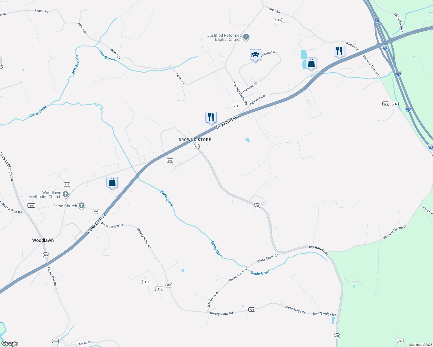 map of restaurants, bars, coffee shops, grocery stores, and more near 99 Joy Ranch Road in Woodlawn