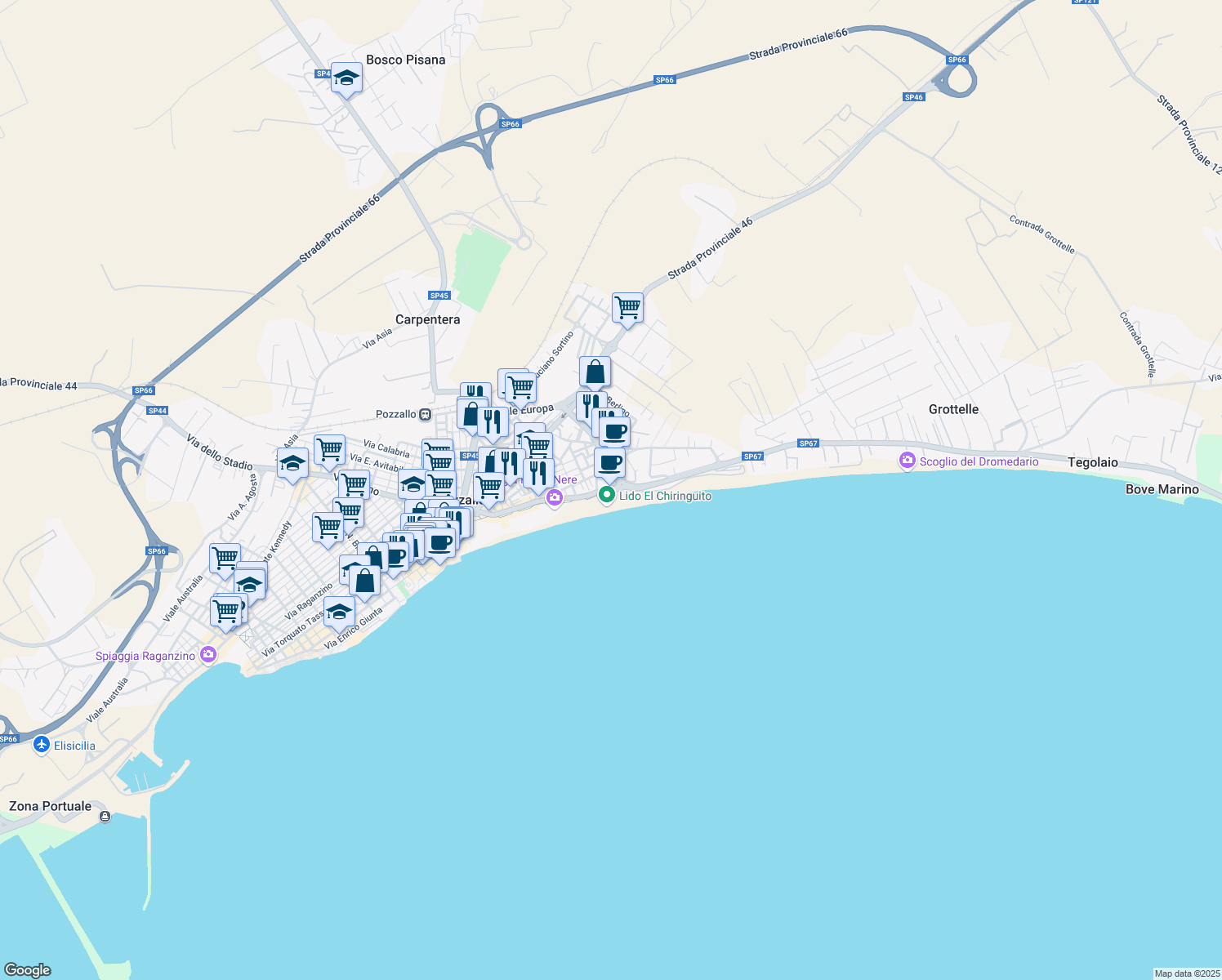 map of restaurants, bars, coffee shops, grocery stores, and more near 61 Via L.M. Pietrenere in Pozzallo