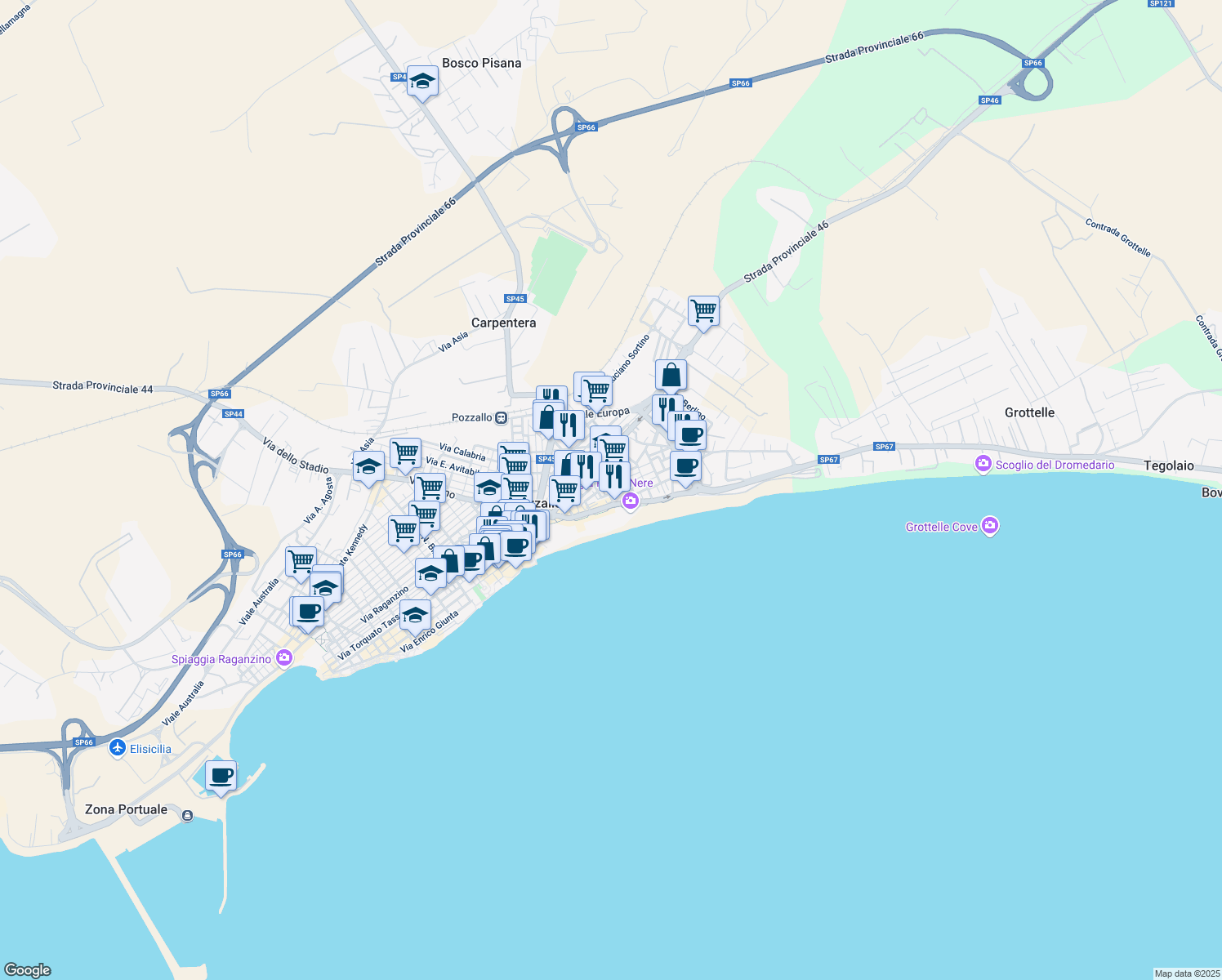 map of restaurants, bars, coffee shops, grocery stores, and more near 41 Via Carlo Pisacane in Pozzallo