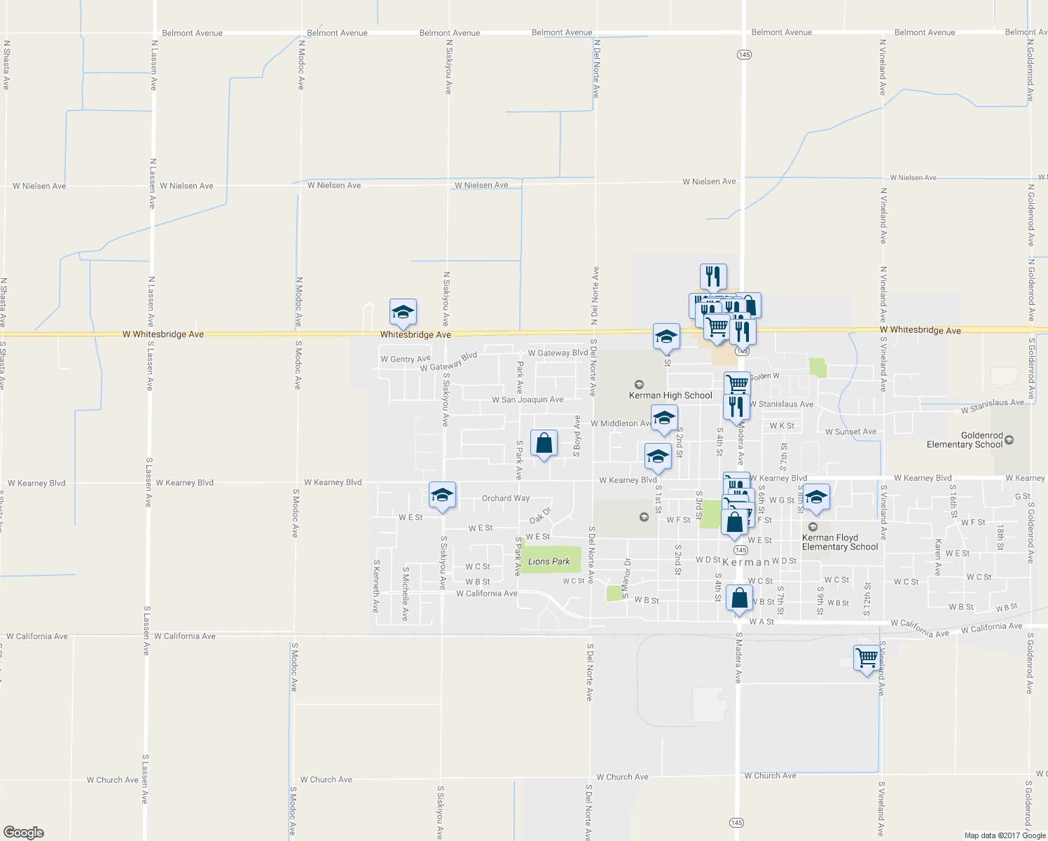 map of restaurants, bars, coffee shops, grocery stores, and more near 350 Park Avenue in Kerman