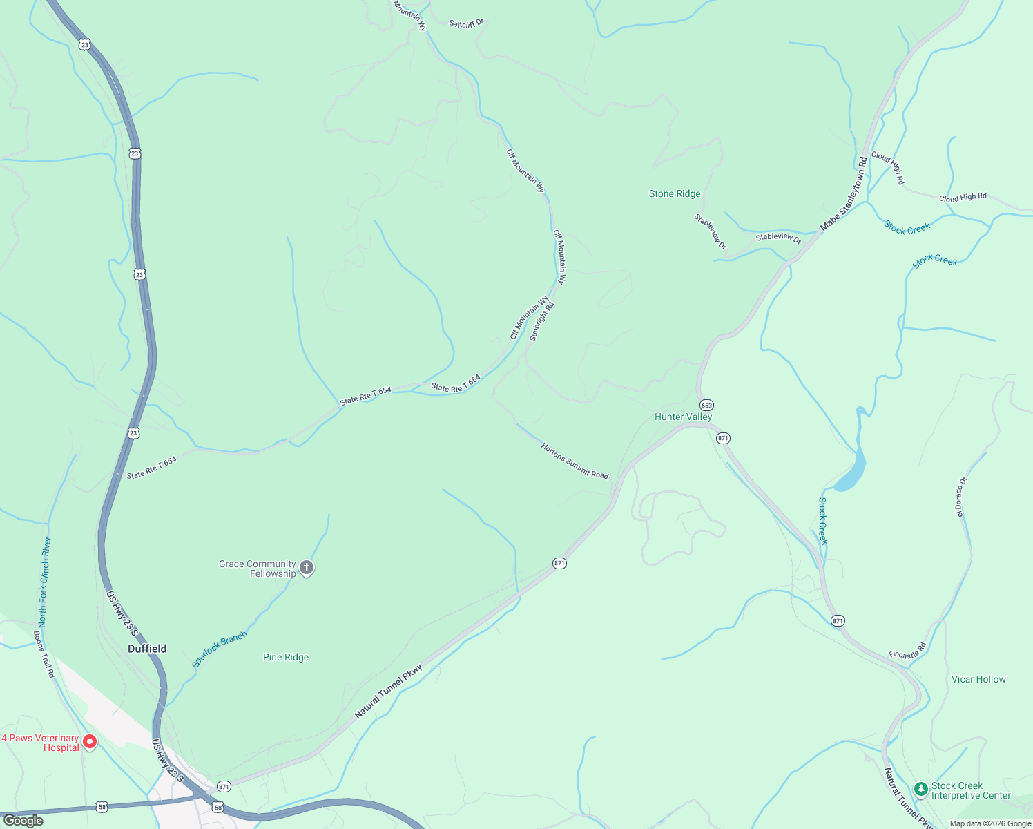 map of restaurants, bars, coffee shops, grocery stores, and more near State Route T 654 in Duffield