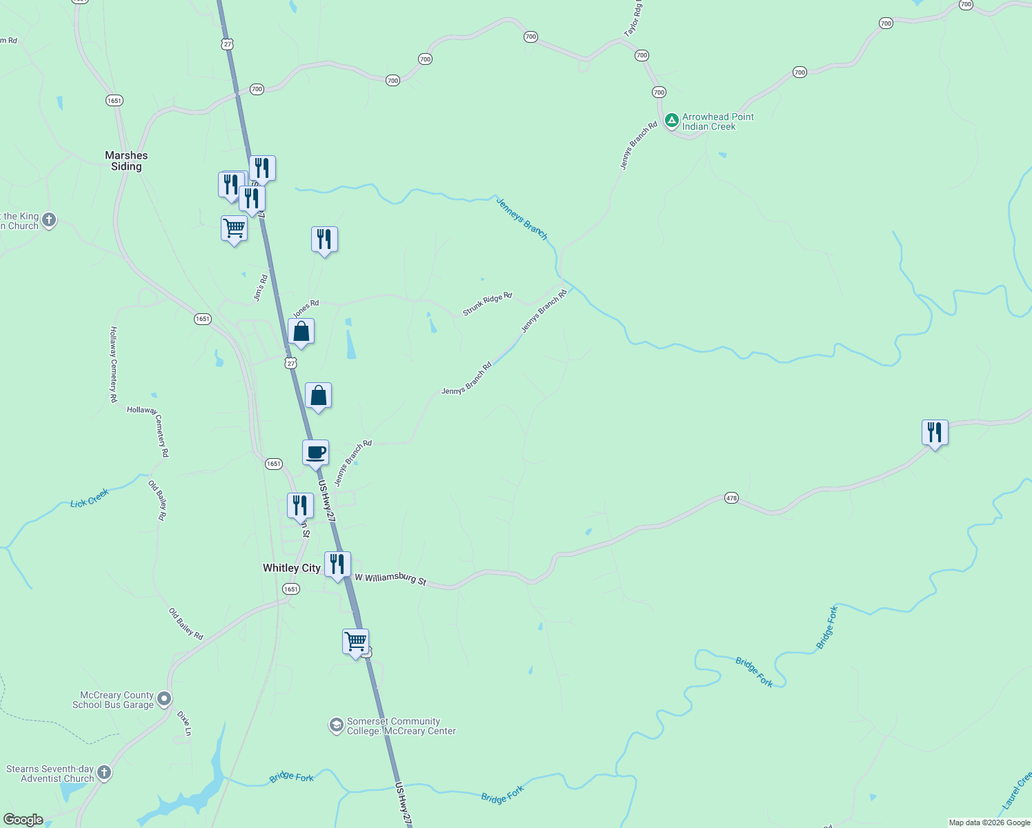 map of restaurants, bars, coffee shops, grocery stores, and more near Perry St in Whitley City