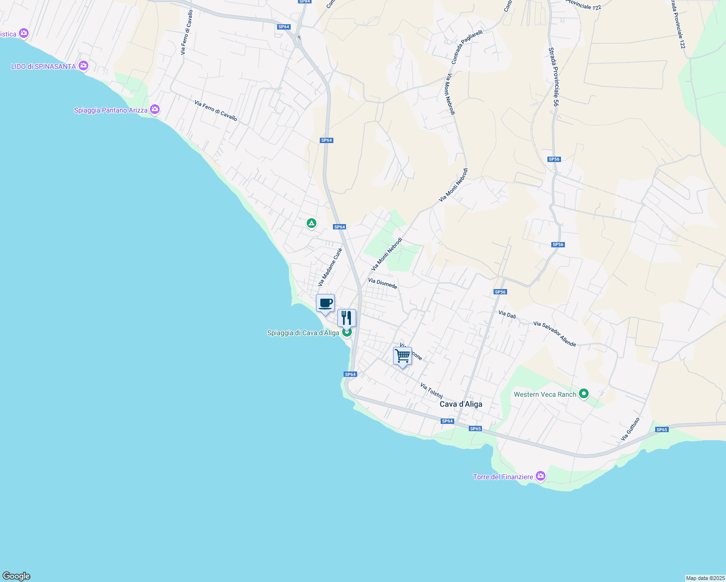 map of restaurants, bars, coffee shops, grocery stores, and more near 1372 Viale della Pace in Cava D'aliga