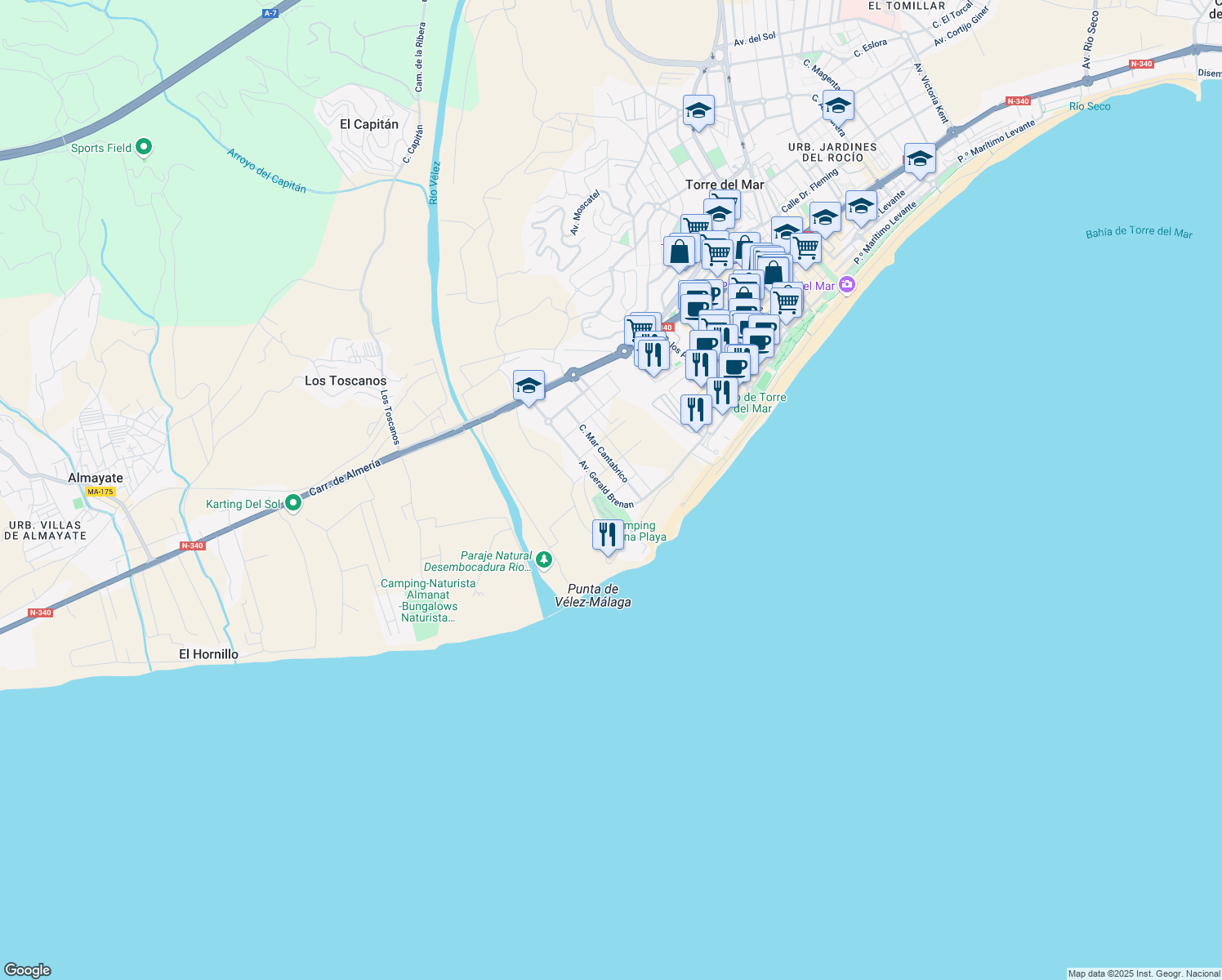 map of restaurants, bars, coffee shops, grocery stores, and more near 69 Paseo Marítimo de Poniente in Torre del Mar