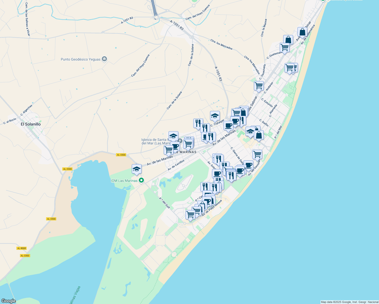 map of restaurants, bars, coffee shops, grocery stores, and more near 85 Avenida de las Marinas in Roquetas de Mar