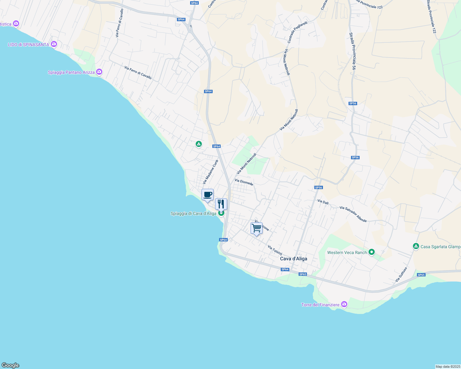 map of restaurants, bars, coffee shops, grocery stores, and more near 236 Viale della Pace in Cava D'aliga