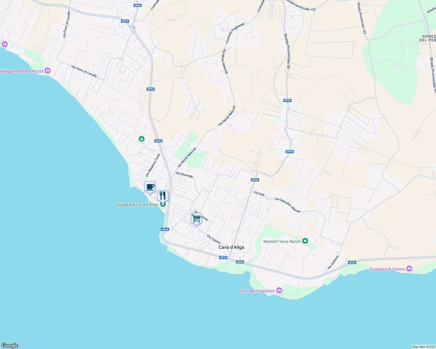 map of restaurants, bars, coffee shops, grocery stores, and more near 1041 Via Nicolò Paganini in Cava D'aliga