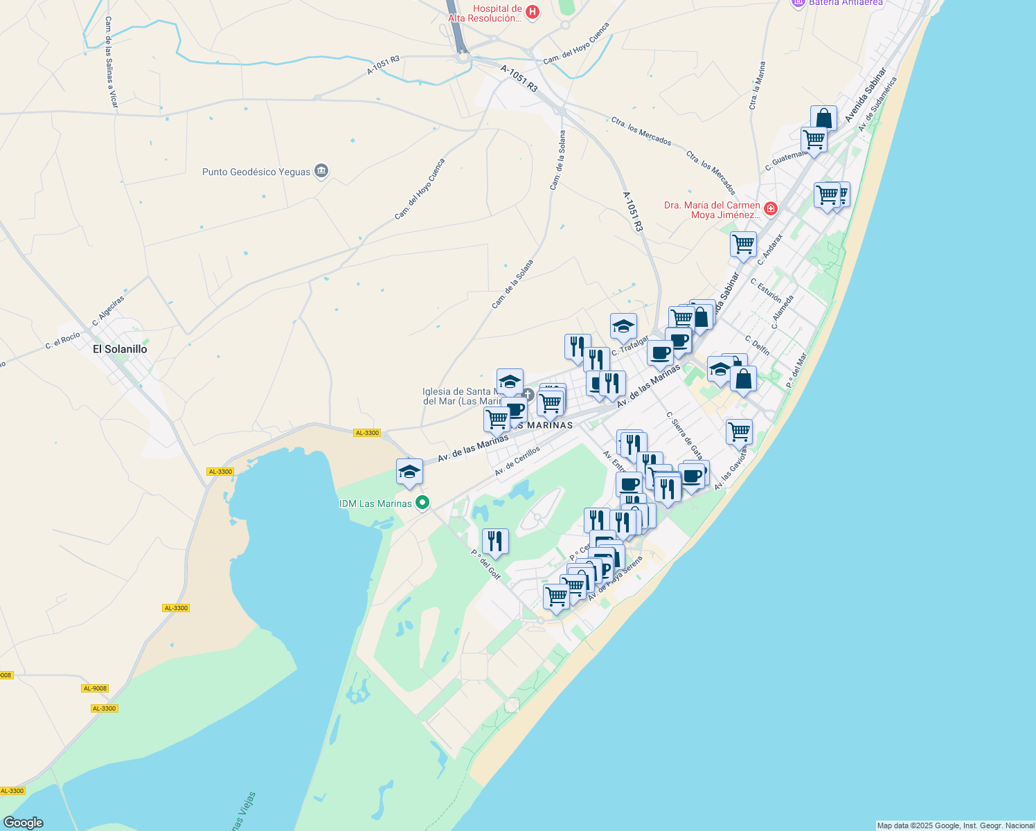 map of restaurants, bars, coffee shops, grocery stores, and more near 11 Calle Marco Polo in Roquetas de Mar